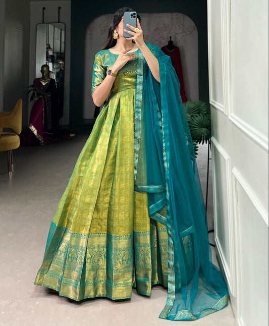 Parrot Green Kanjivaram Zari Weaving Work Gown With Dupatta