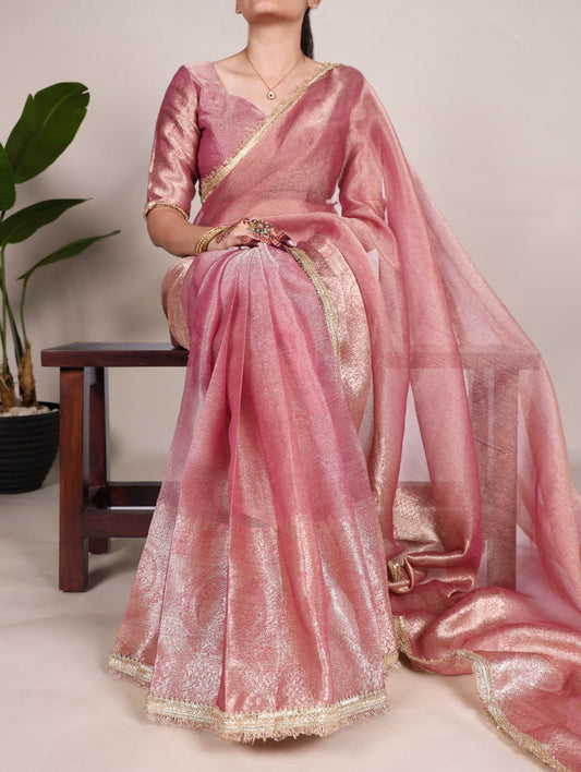 Light Pink Tissue Shimmer Zari With Sequins Lace Border Sare