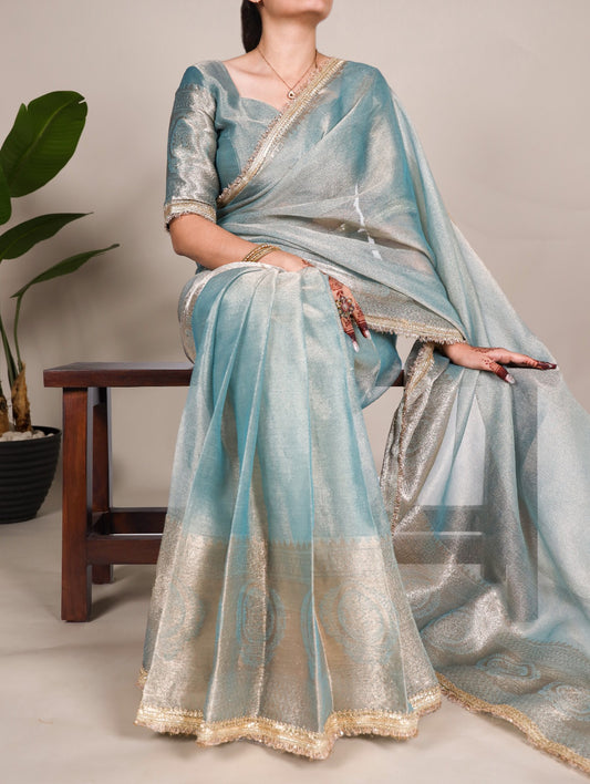 Sky Blue Tissue Shimmer Zari With Sequins Lace Border Sare