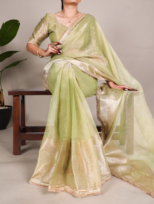 Pista Tissue Shimmer Zari With Sequins Lace Border Saree