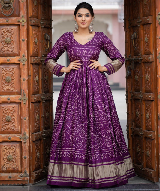 Wine Gaji Silk With Bandhej Print Gown