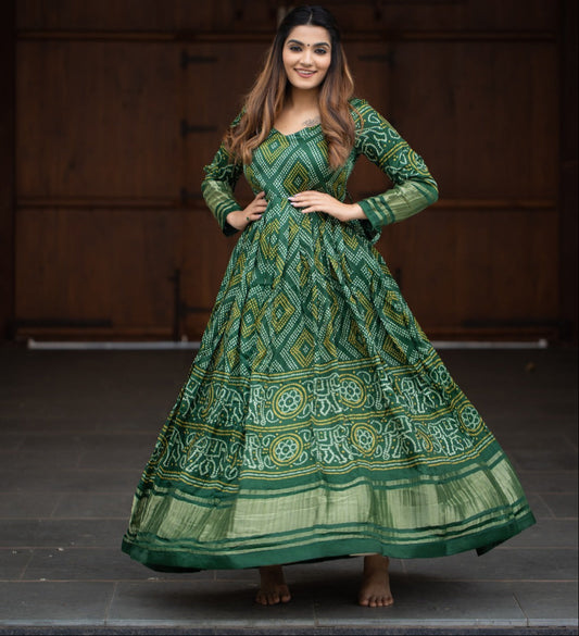 Green Gaji Silk With Bandhej Print Gown