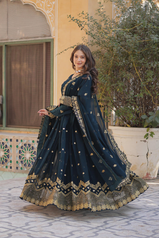 Designer Faux Georgette with Zari & Sequins Embroidery Gown With Dupatta