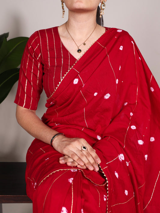 Red Viscose Chanderi With Gota Patti Lace Border Saree