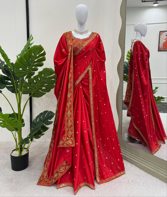 Beautiful Red Japan Satin Silk Saree With Dupatta