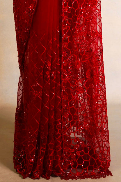 Elegant  Red Soft Net Thread & Sequence work Saree