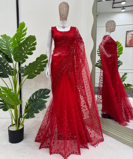 Elegant  Red Soft Net Thread & Sequence work Saree