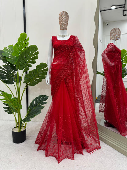 Elegant  Red Soft Net Thread & Sequence work Saree