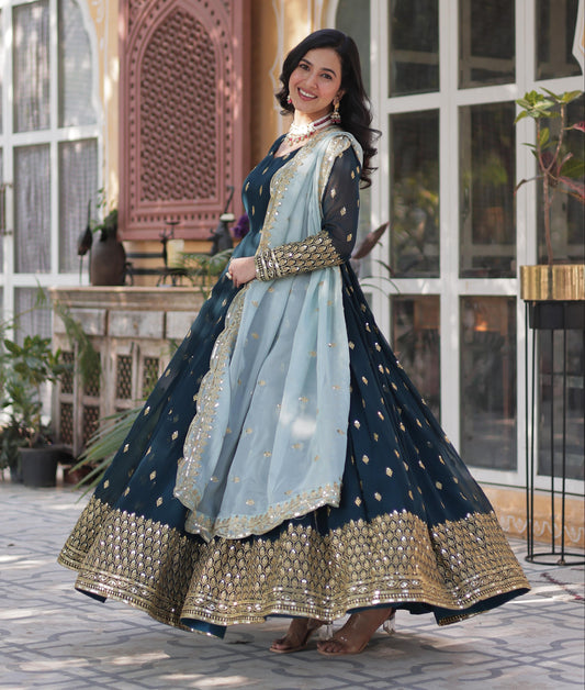 Navy Blue Faux Blooming with Embroidery Zari Sequins-work Gown With Dupatta