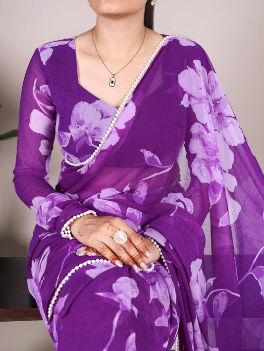 Purple Chiffon Floral Printed Saree