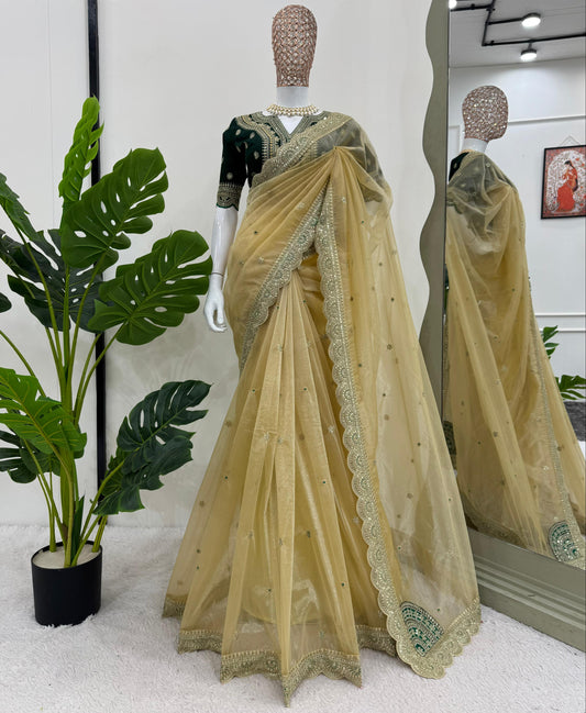 Cream Color Twill Net With Sequence Work Saree