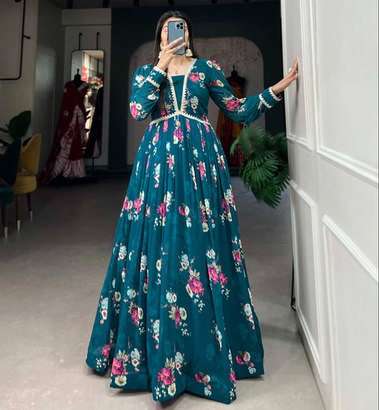 Firozi Georgette Floral print Gown