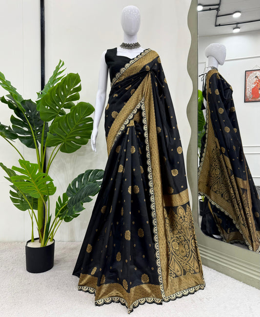 Golden & Black Kota Silk Jacquard With Sequins Lace Work Saree