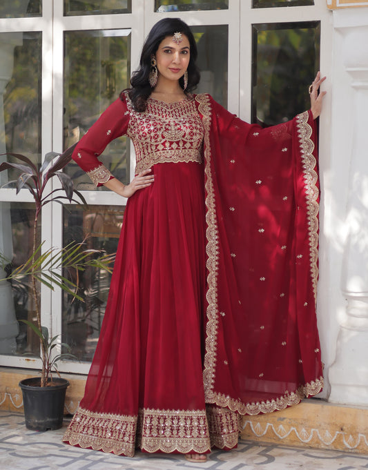 Red Faux Blooming With Embroidery Sequins-work Gown With Dupattta