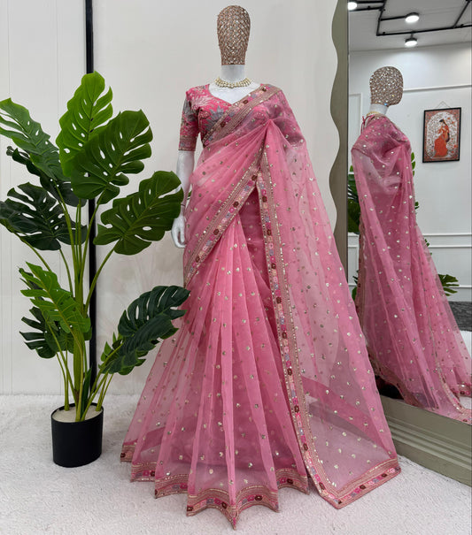 Pink Organza Silk Thread with Sequins Work Saree