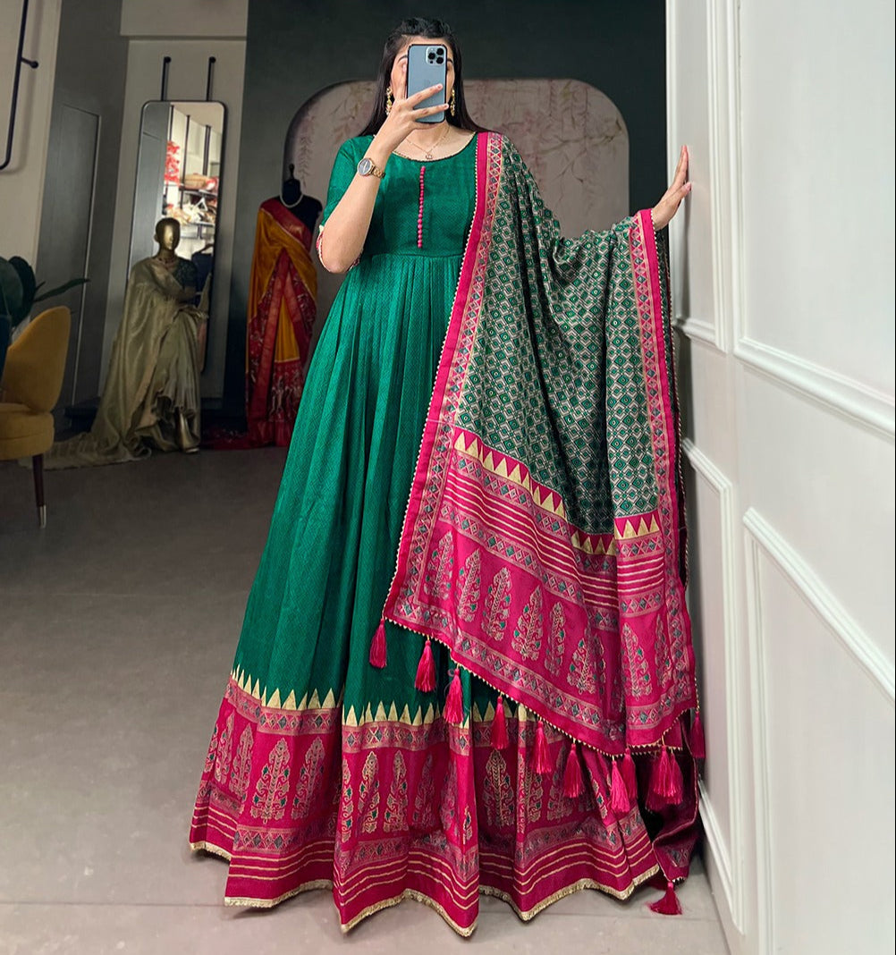 Green Tussar Silk With Foil Print Gown With Dupatta