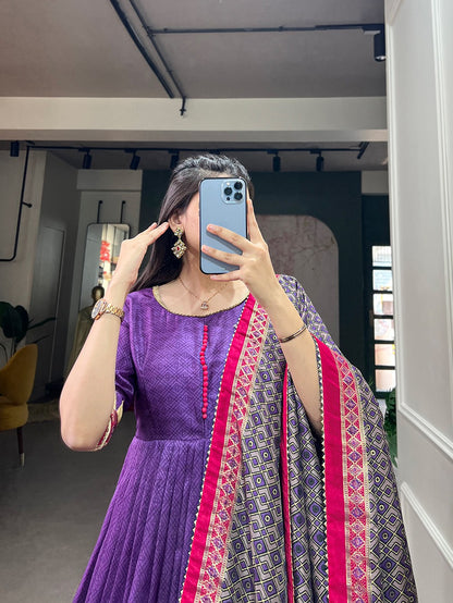 Purple Tussar Silk With Foil Print  Gown With Dupatta
