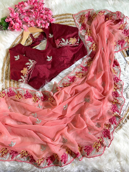 Pure Soft Shimmer Silk With Embroidery Thread Work Saree