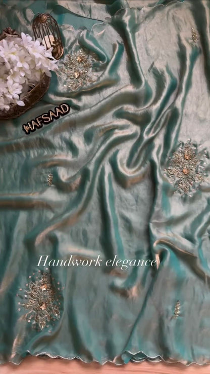 Pista Fandy Silk With Hand Work Saree