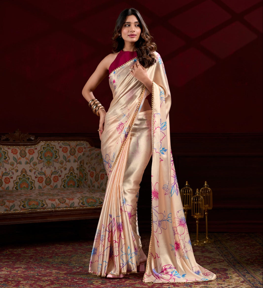 Cream Satin Silk With Floral Print Saree