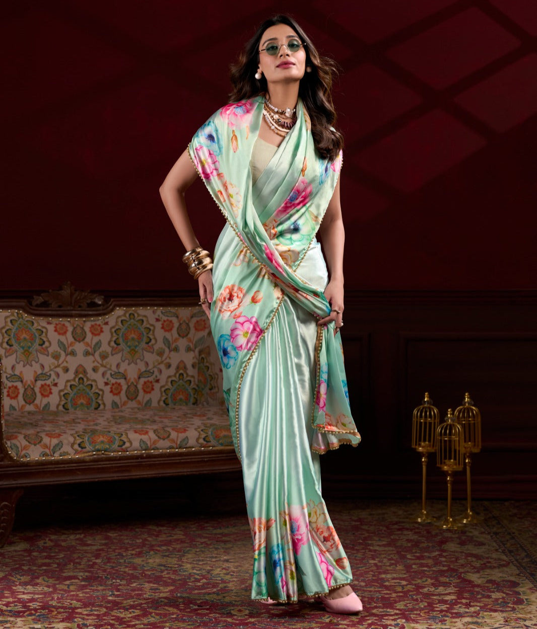 Pista Satin Silk With Floral Print Saree