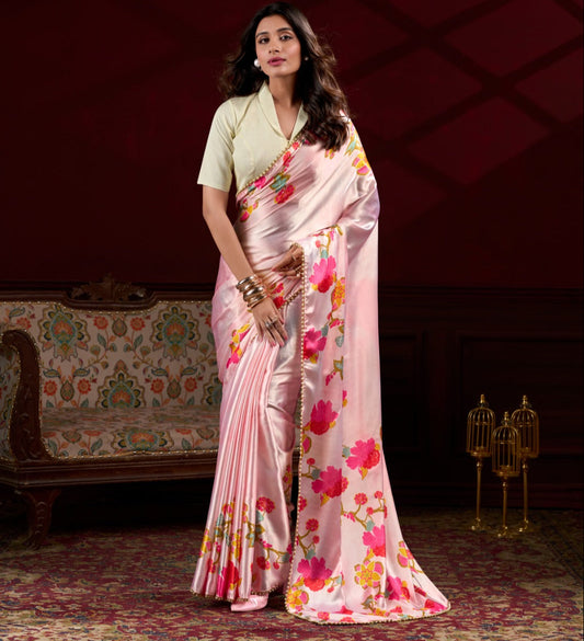 Peach Satin Silk With Floral Print Saree