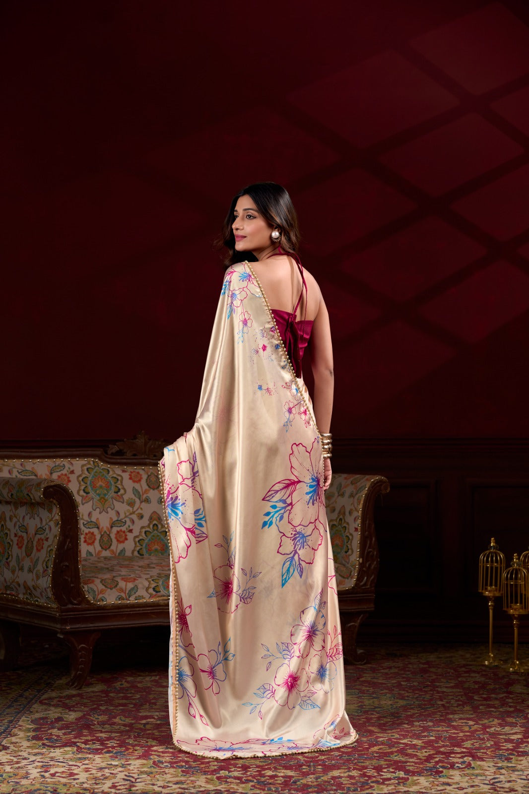 Cream Satin Silk With Floral Print Saree