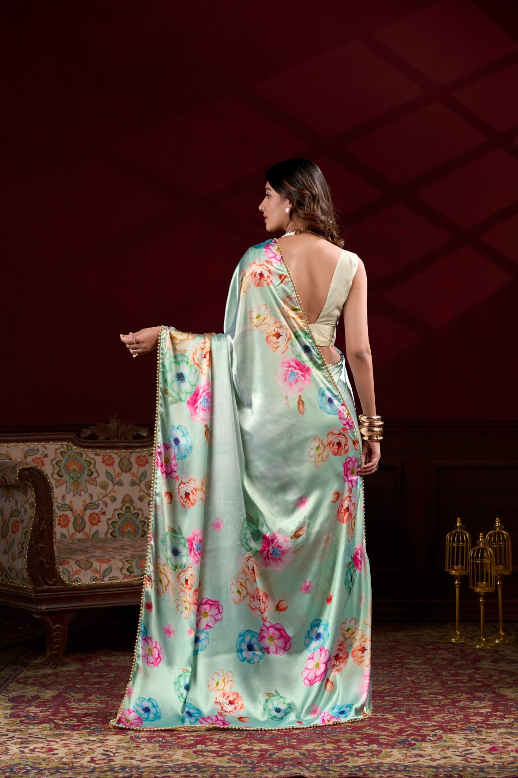 Pista Satin Silk With Floral Print Saree