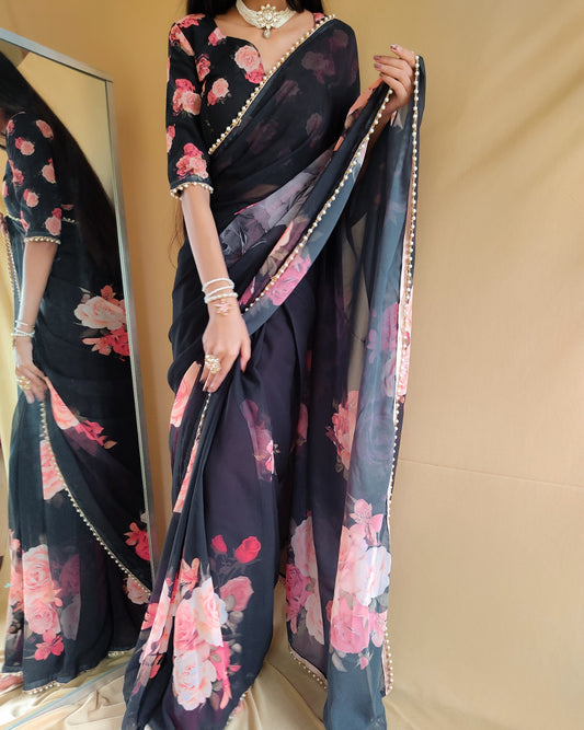 Black Georgette With Pearl Lace Border Floral Print Saree