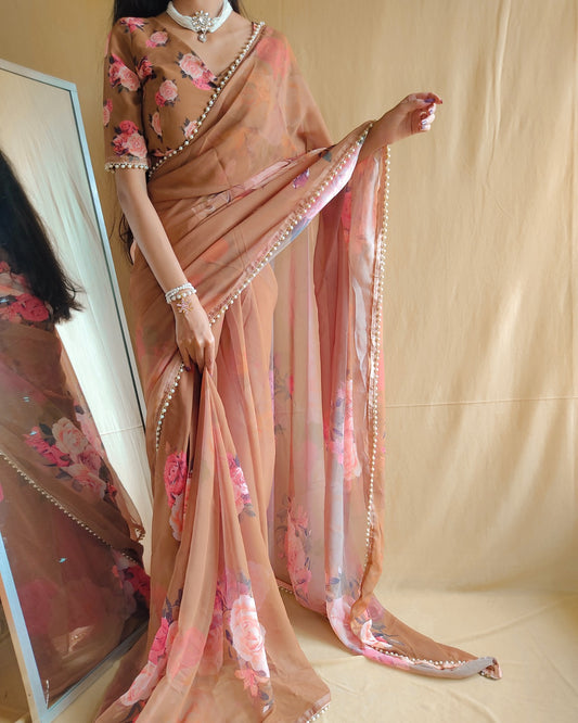 Brown Georgette With Pearl Lace Border Floral Print Saree