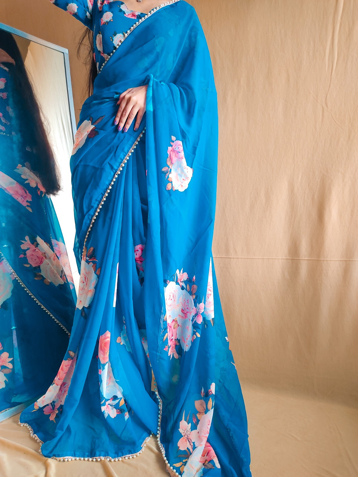 Firozi  Georgette With Pearl Lace Border Floral Print Saree