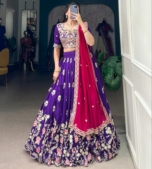 Purple Vichitra Silk Sequins Thread Embroidery Work Lehenga