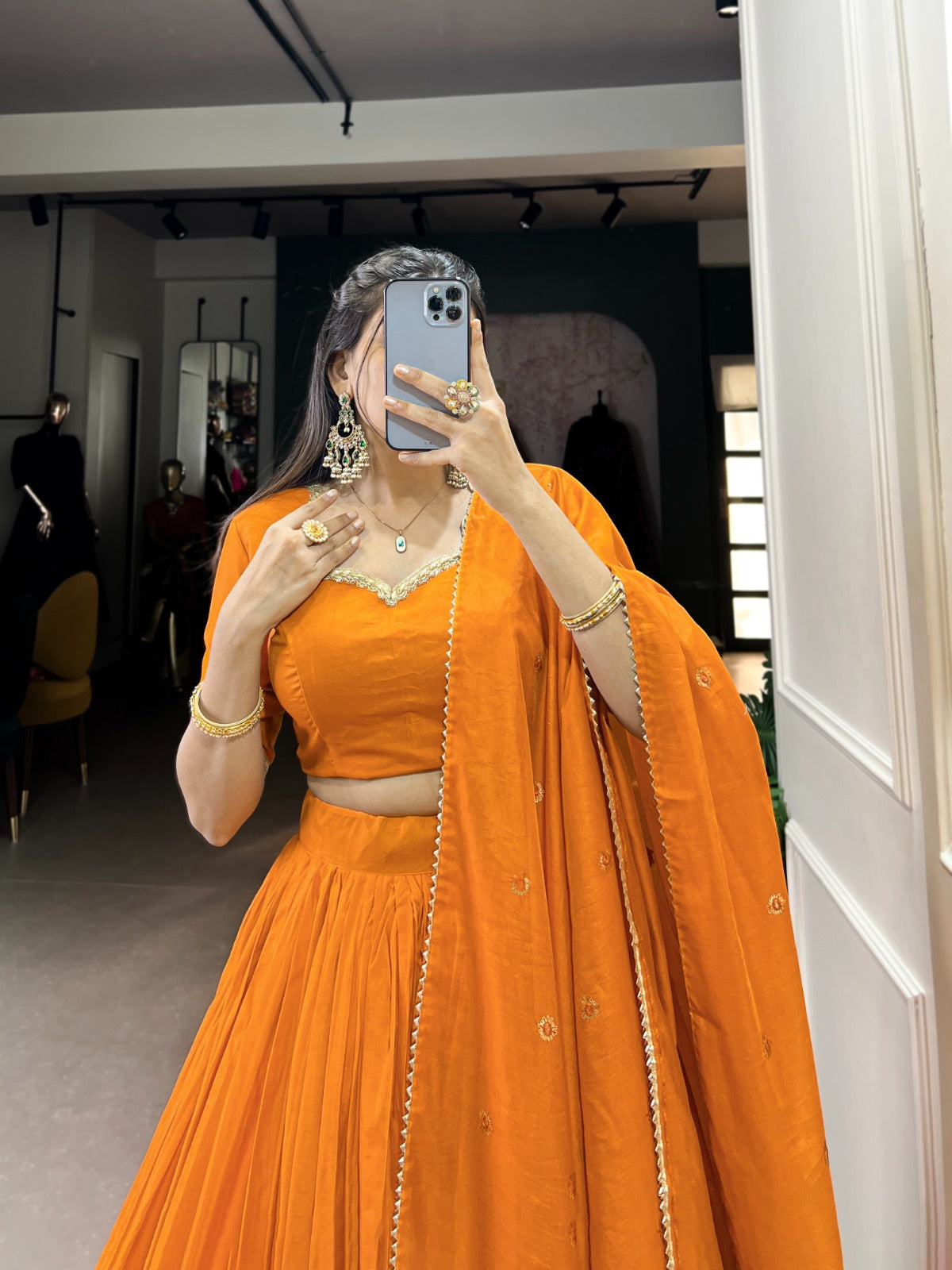 Orange Chanderi Zari Border Lehenga