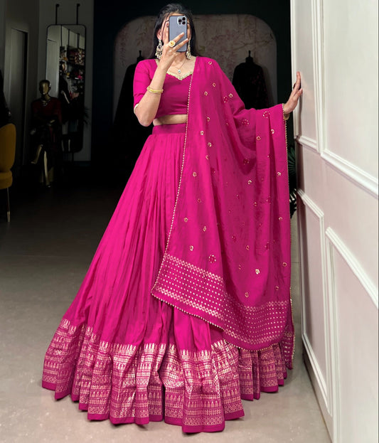 Pink Chanderi Zari Border Lehenga