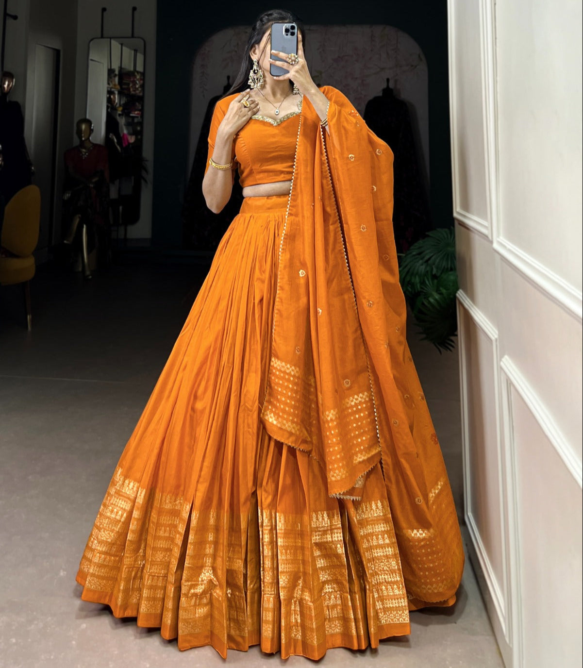 Orange Chanderi Zari Border Lehenga