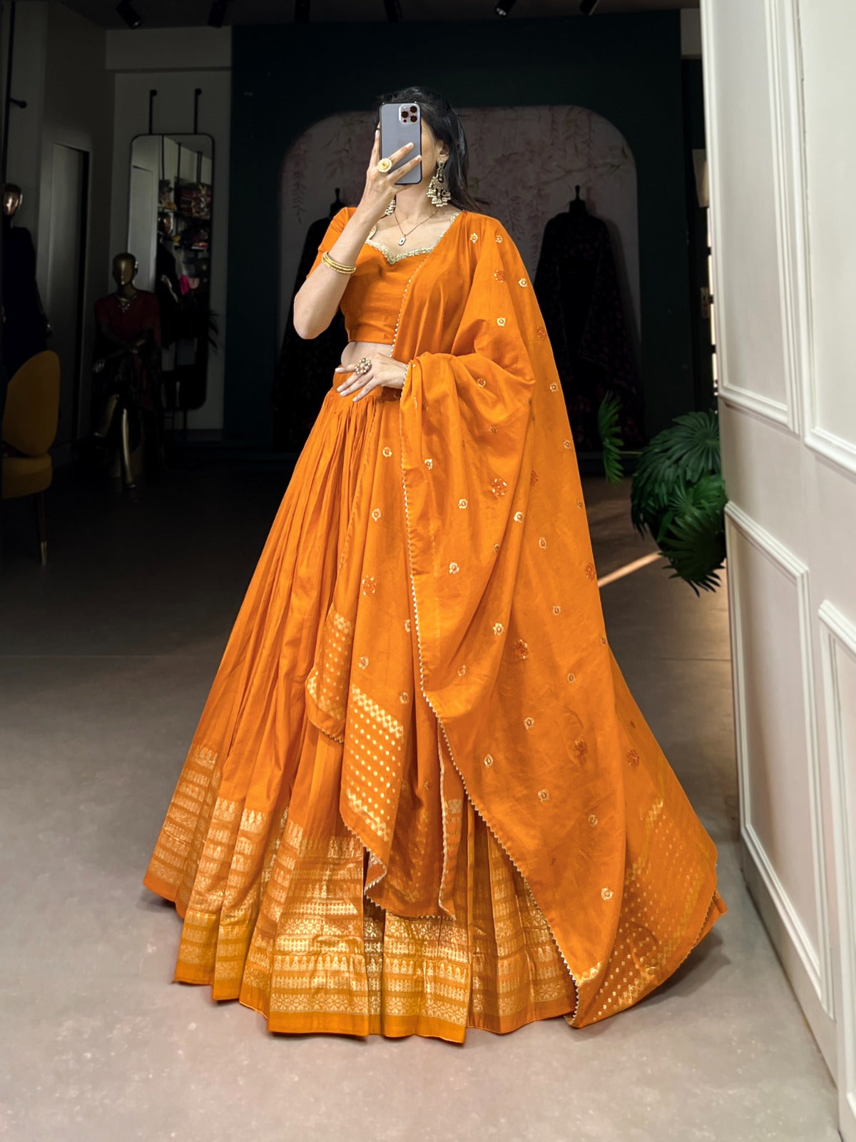 Orange Chanderi Zari Border Lehenga