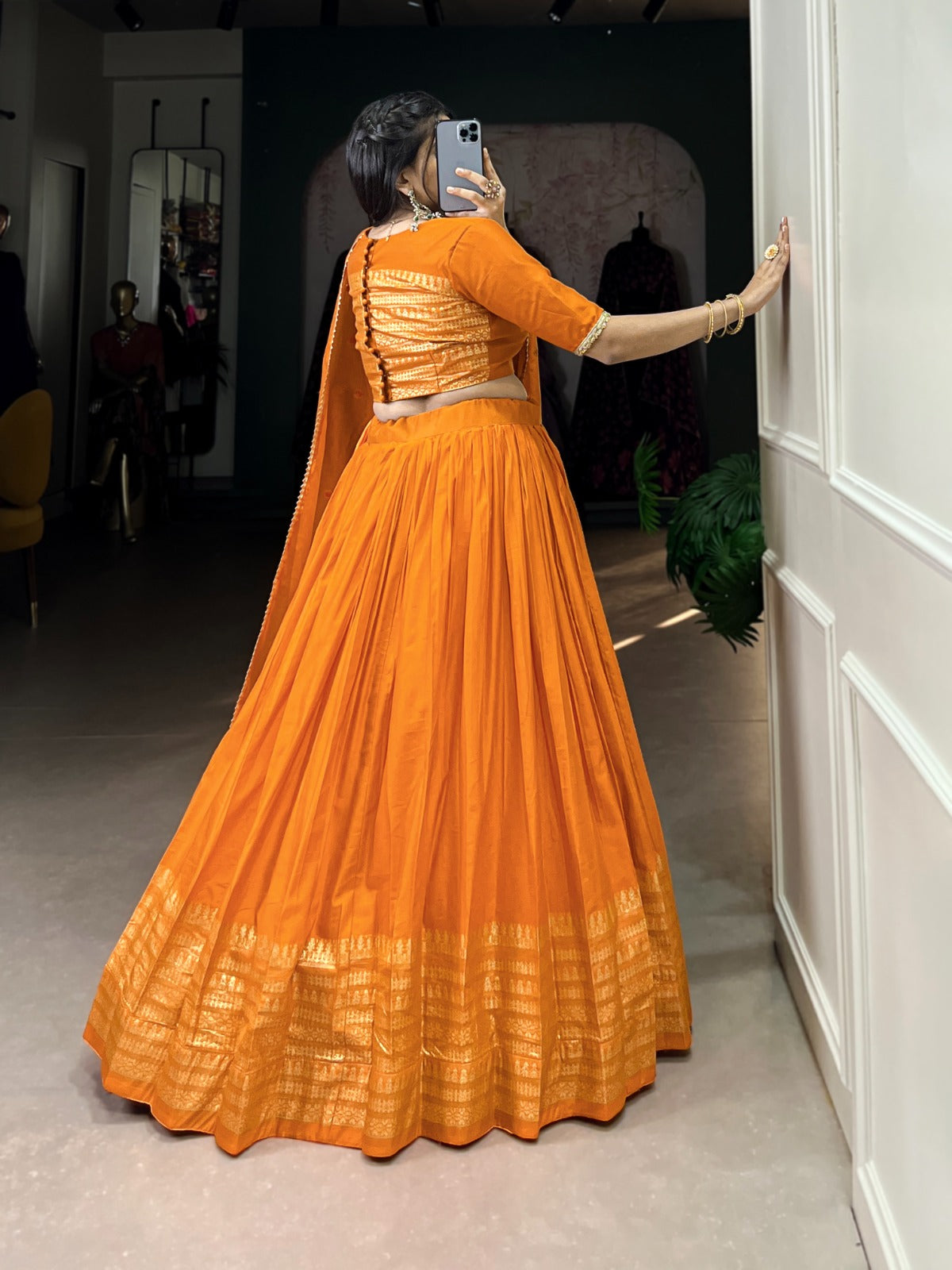 Orange Chanderi Zari Border Lehenga