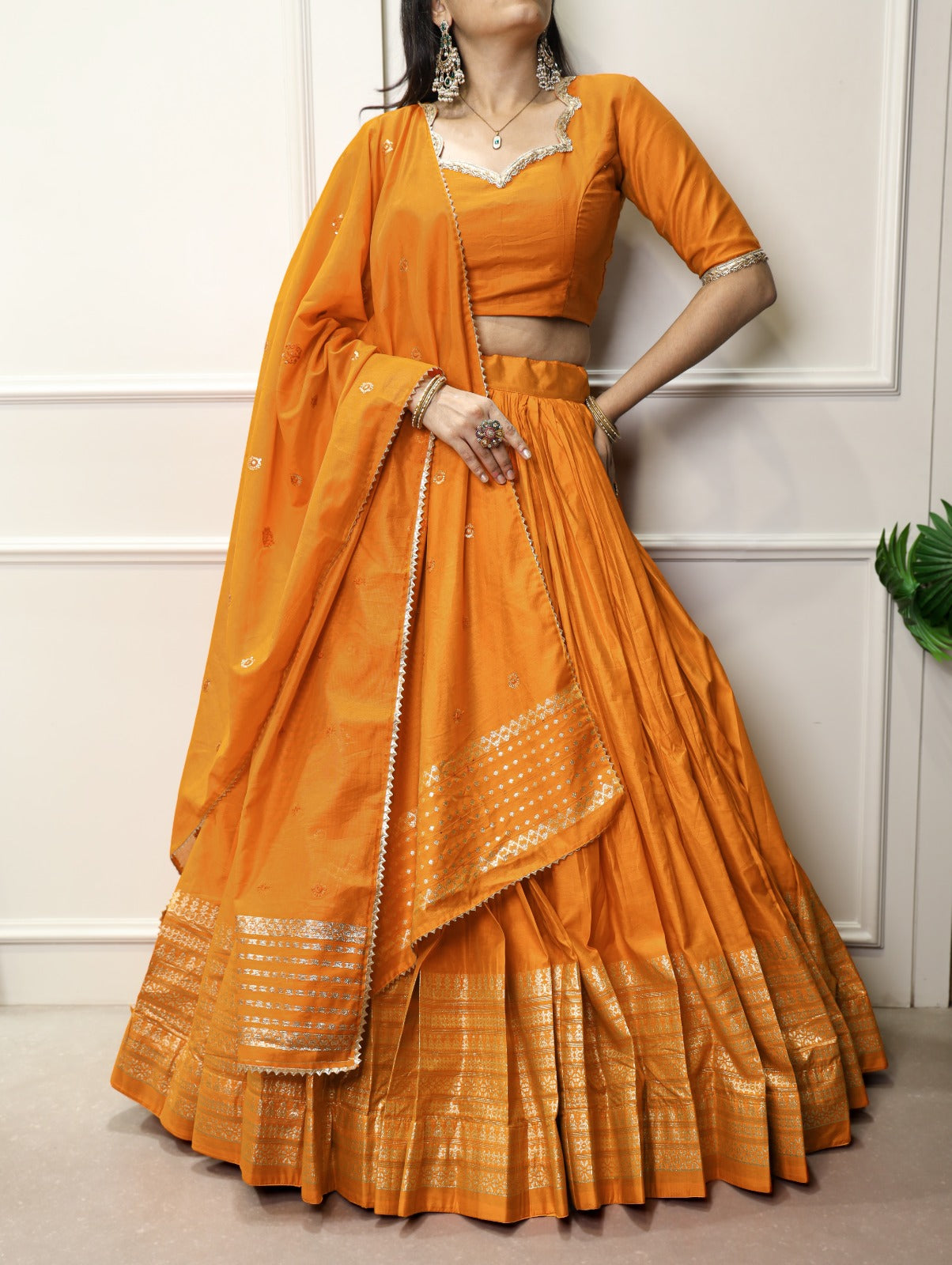 Orange Chanderi Zari Border Lehenga