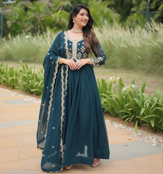 Rama Blooming Georgette Zari Embroidered Work Gown With Dupatta