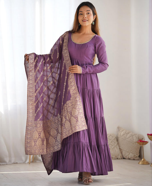 Mauve Purple Heavy Romansilk Chanderi With Yoke Lace 3pc Kurta Set