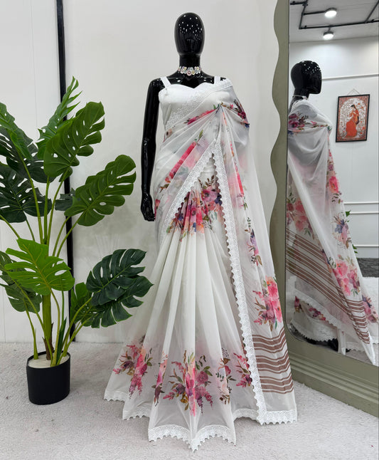 White Faux georgette With Digital Print Saree