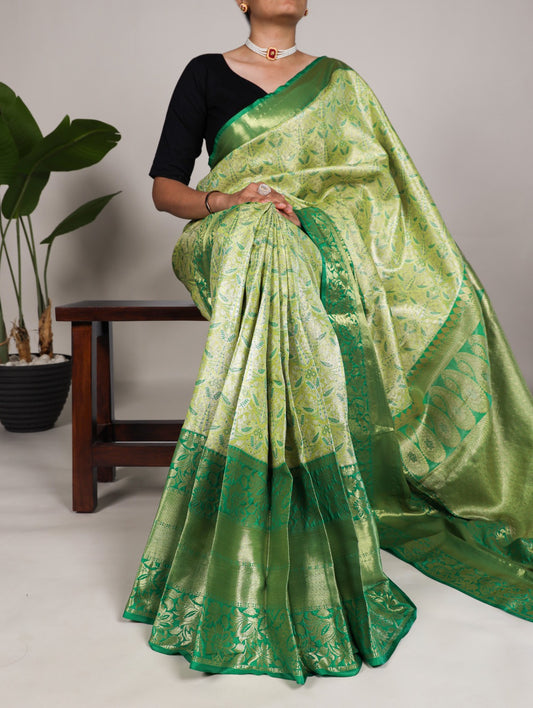 Parrot Green Jacquard Silk With Zari Work Saree