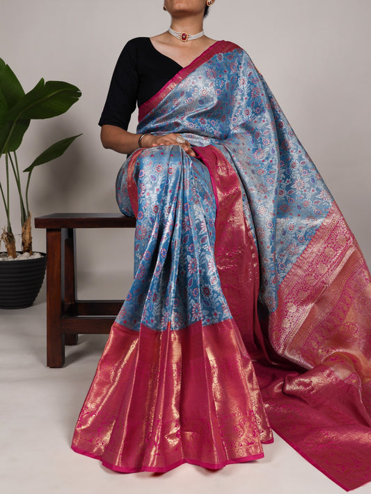 Sky Blue Jacquard Silk With Zari Work Saree