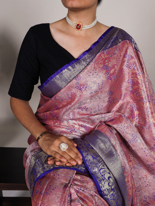 Peach Jacquard Silk With Zari Work Saree