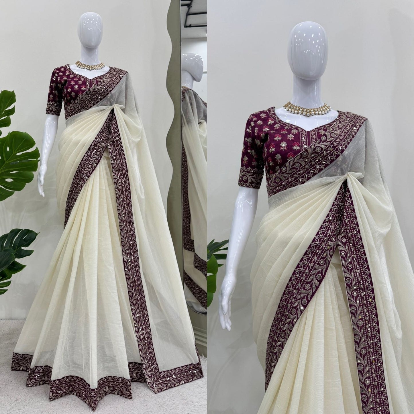 Off White Crunchy Silk Thread with Sequins Work Saree