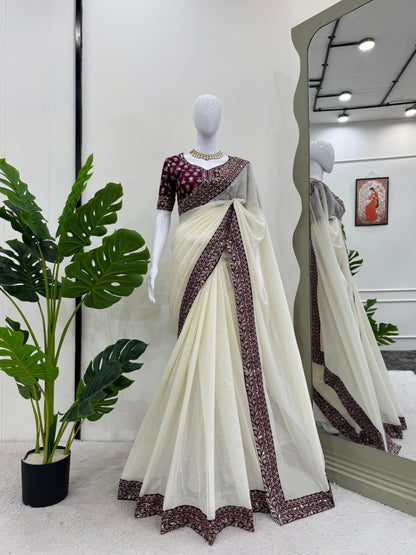 Off White Crunchy Silk Thread with Sequins Work Saree