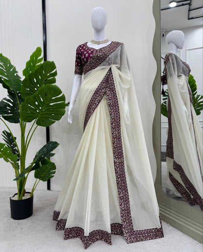 Off White Crunchy Silk Thread with Sequins Work Saree