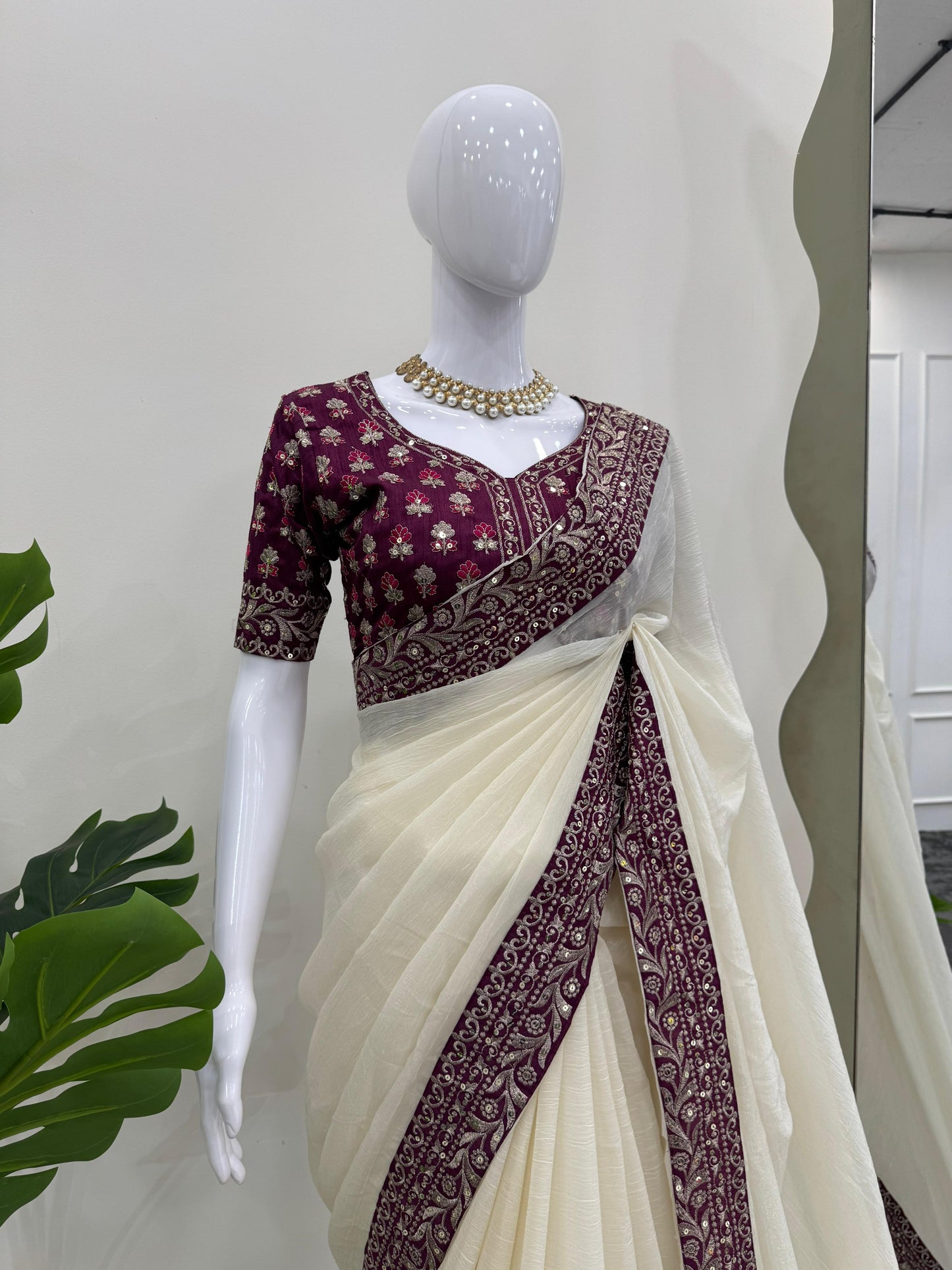 Off White Crunchy Silk Thread with Sequins Work Saree