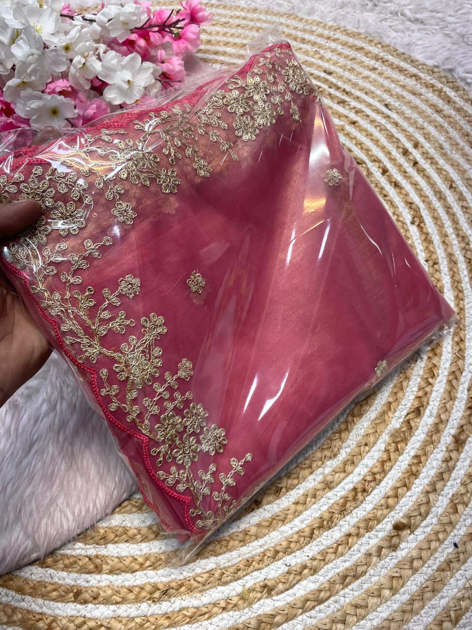 Pista Color Twill Net With Jalpari with Work Saree