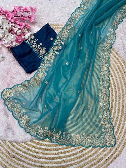 Pista Color Twill Net With Jalpari with Work Saree